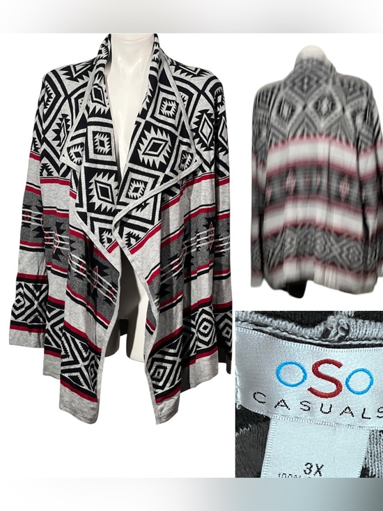 Oso Casuals Sweaters - OSO Casuals Open Cardigan Sweater  Black/Gray waterfall southwestern Aztec (3X)